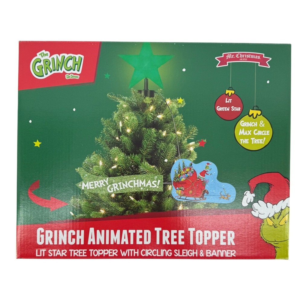Mr. Christmas Grinch Sleigh Animated Christmas Tree Topper LED Star‎ Dr. Seuss